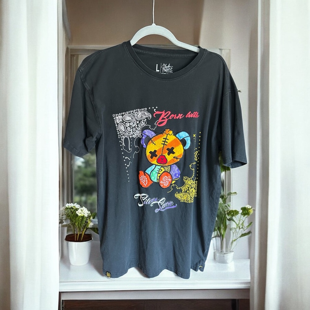 BLEEKER & MERCER Bandage Bear Born with a‎ Silver Spoon Tee Embroidered Black L
